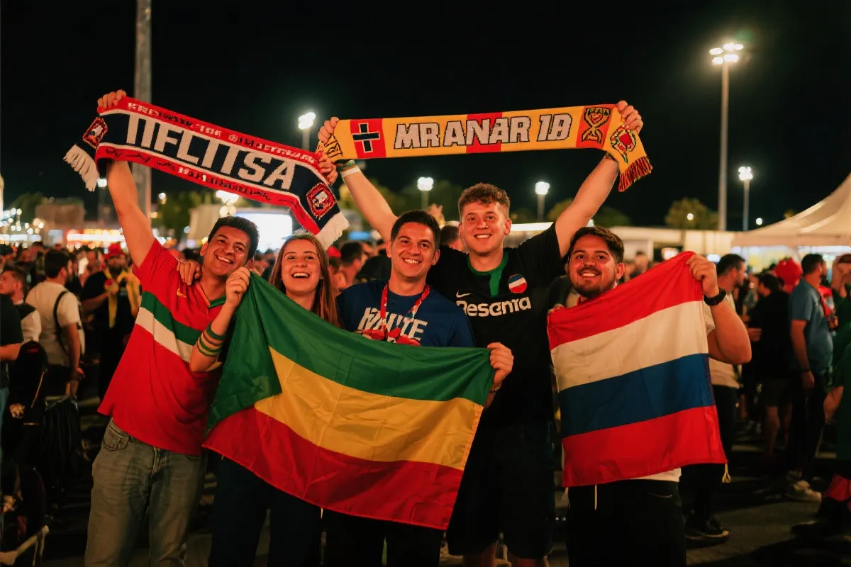 赛后球迷区多国球迷肩并肩合影，手举队旗与围巾，夜色灯光下氛围温暖