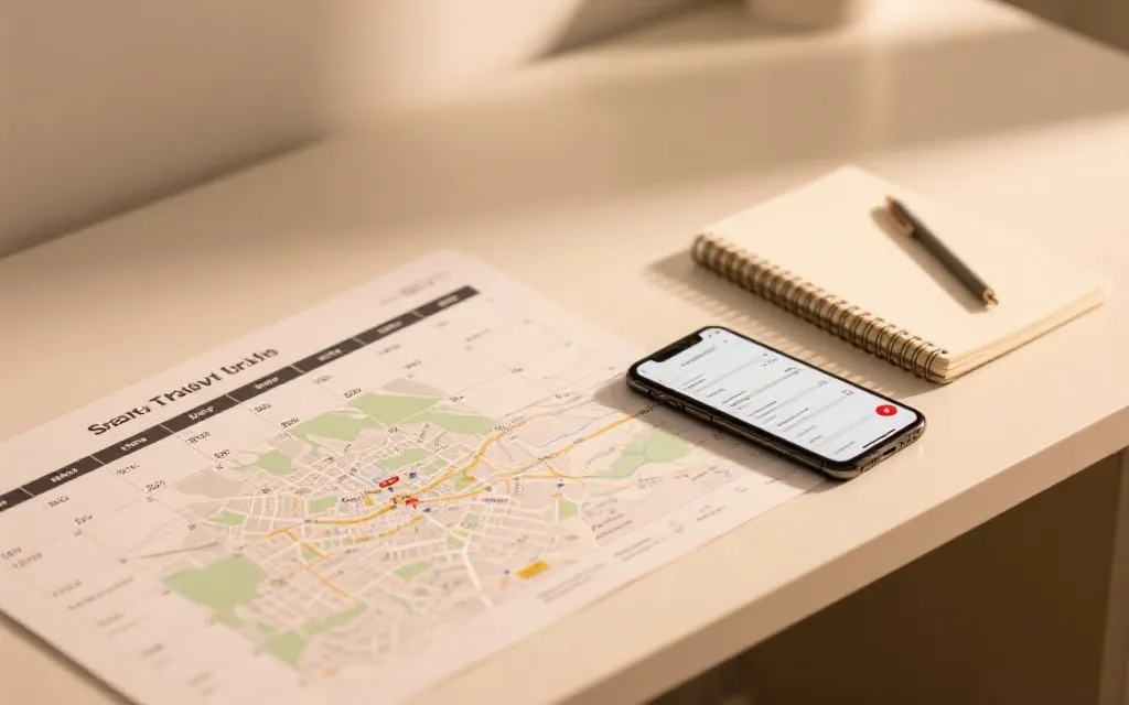 高端旅行规划桌面：赛程表、城市地图与清晰的交通动线计划