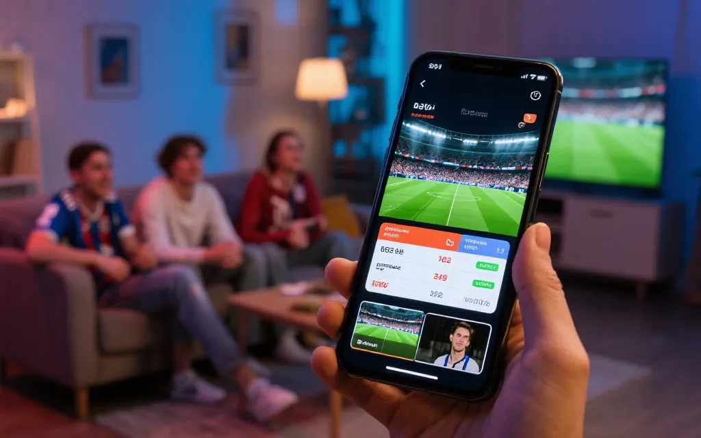 手机第二屏幕观看赛事数据与短视频剪辑的场景，数字内容与互动体验