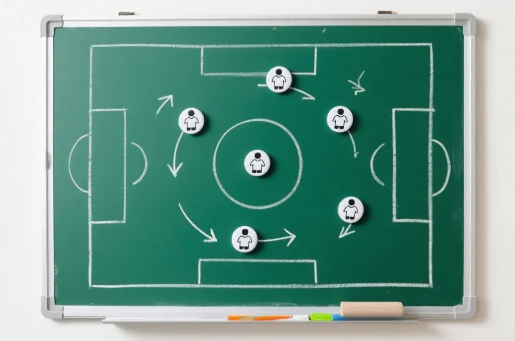 A generic football tactical board with white chalk lines and magnets on a green pitch background, detailing team formation and strategy